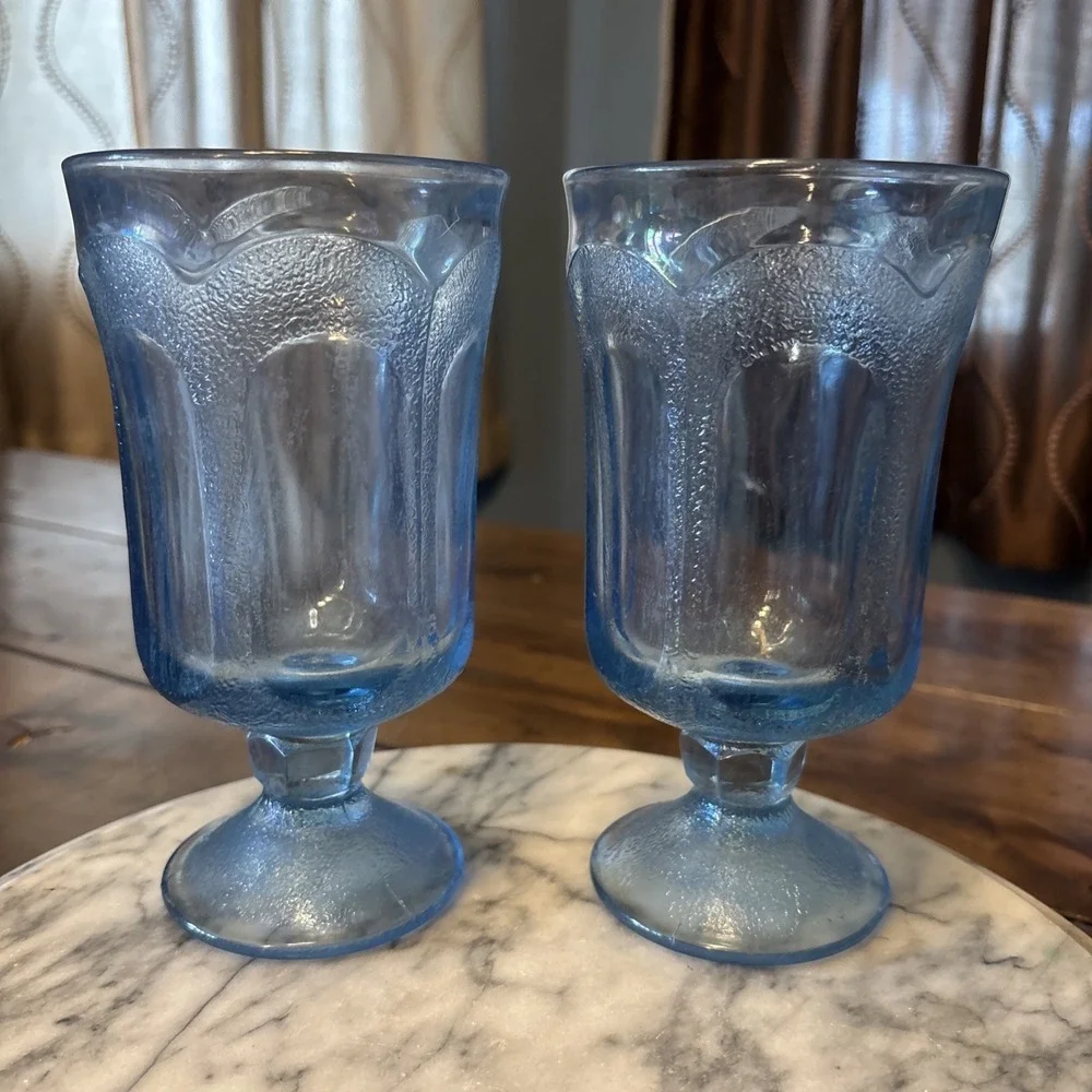 2pc VTG 70s Fostoria Woodland Blue Footed Iced Tea‎ Goblets Frost Tetard